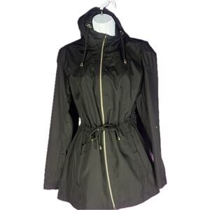 Black Susan Graver Hooded Utility Rain Jacket Size XXS Gold Zip Cinch Waist
